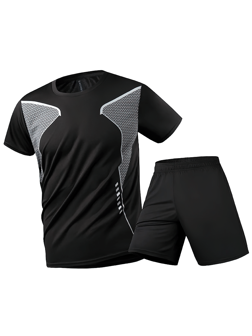 Alt Tag: Men's Reflective Running T-Shirt and Shorts Set - SF4483 black two-piece workout set with reflective panels, training tee and shorts