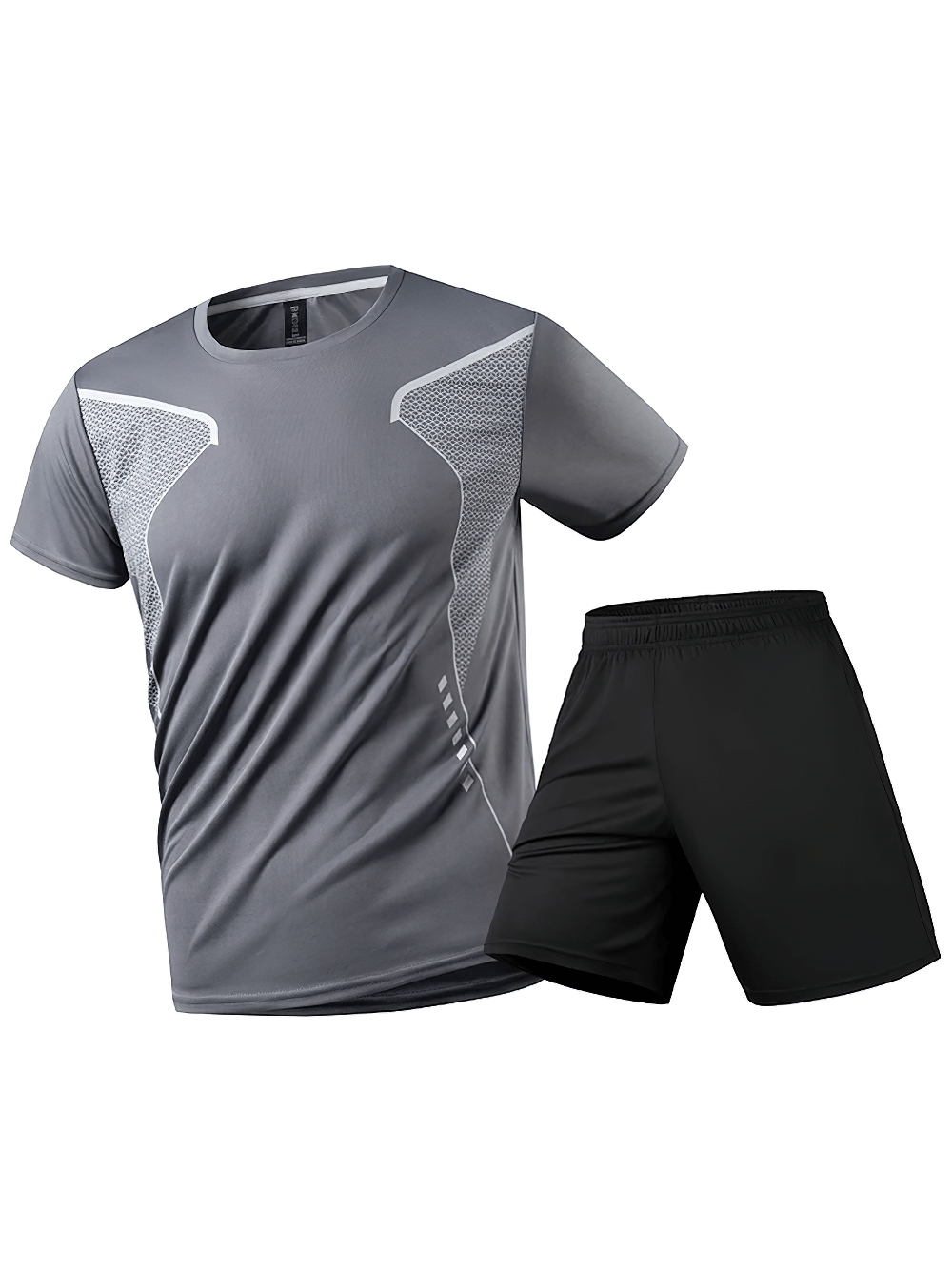 Alt Tag: Men's Reflective Running T-Shirt and Shorts Set - SF4483 gray short-sleeve tee with reflective panels and black shorts