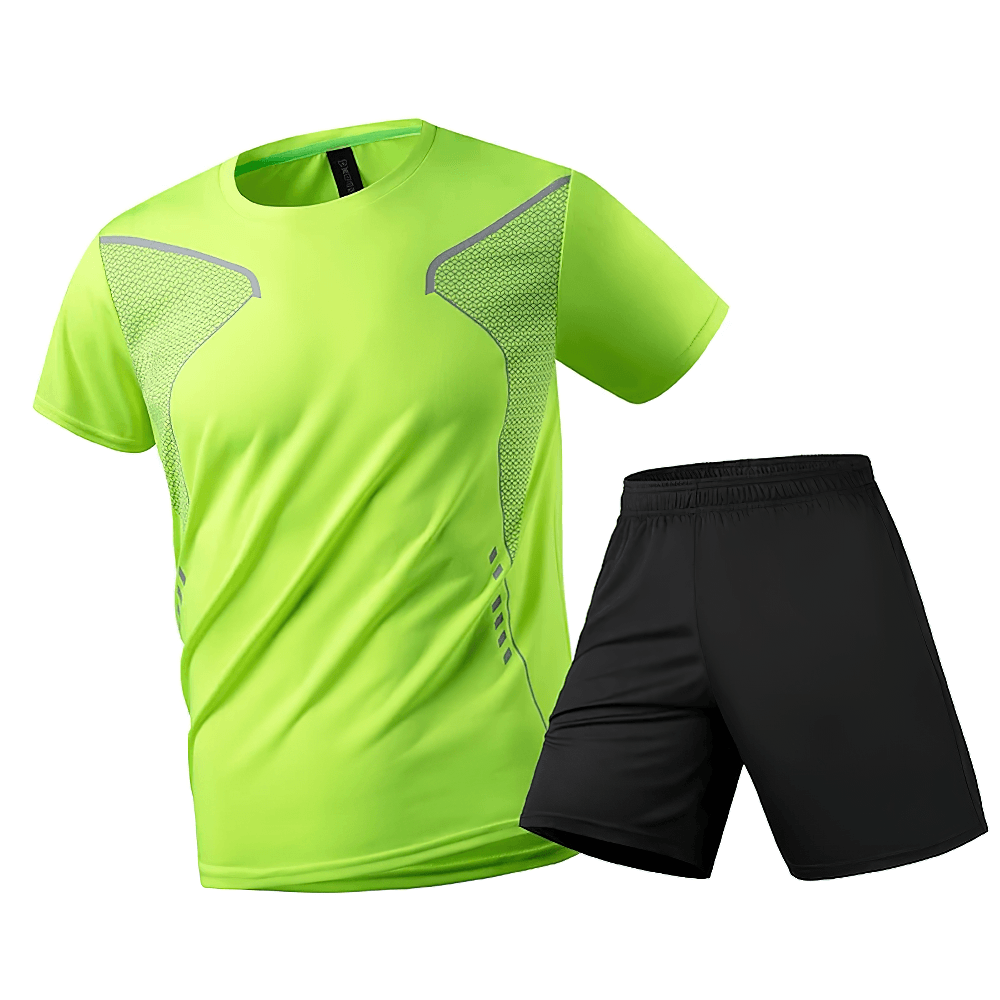 Alt Tag: Men's Reflective Running T-Shirt and Shorts Set - SF4483 neon green reflective tee with black shorts, lightweight workout set
