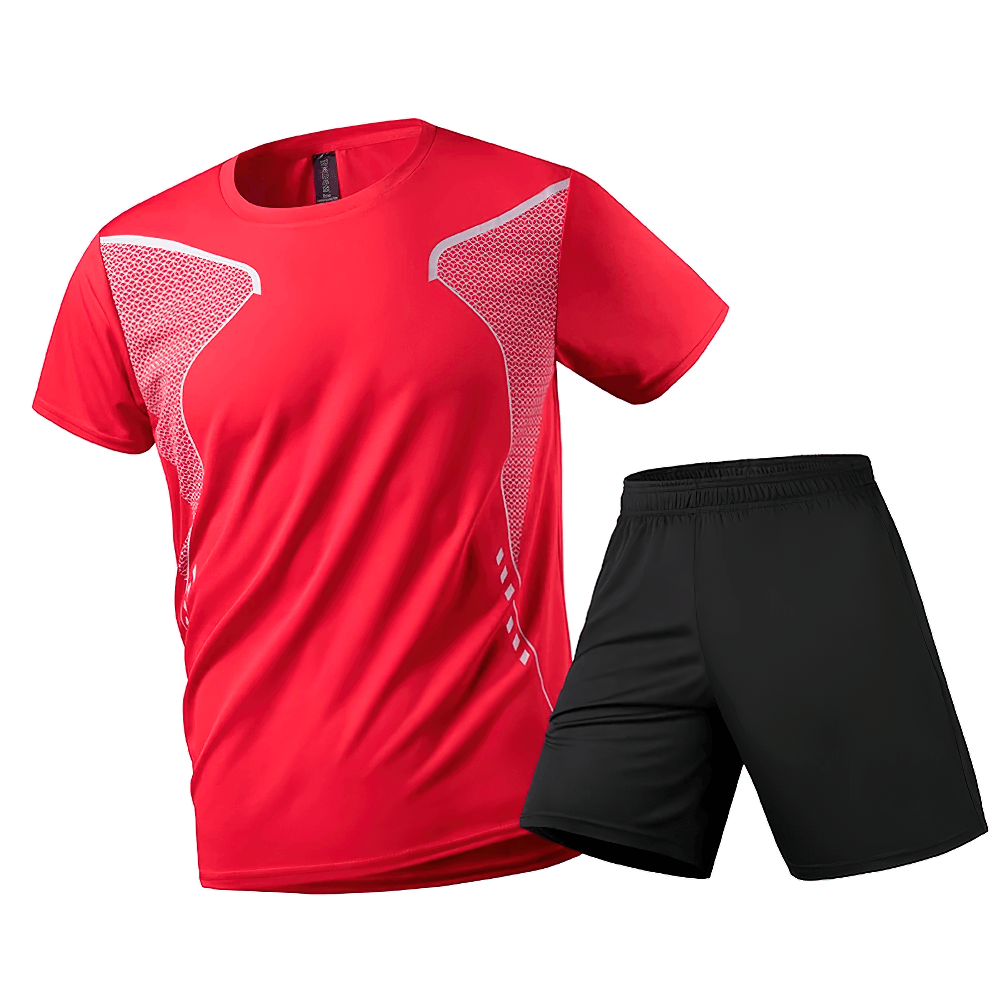 Alt Tag: Men's Reflective Running T-Shirt and Shorts Set - SF4483 red short-sleeve reflective training tee with black elastic-waist shorts