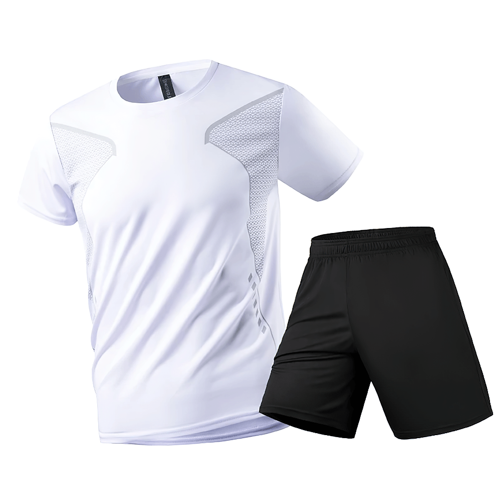 Alt Tag: Men's Reflective Running T-Shirt and Shorts Set - SF4483 white training t-shirt with reflective panels and black shorts, lightweight gym set