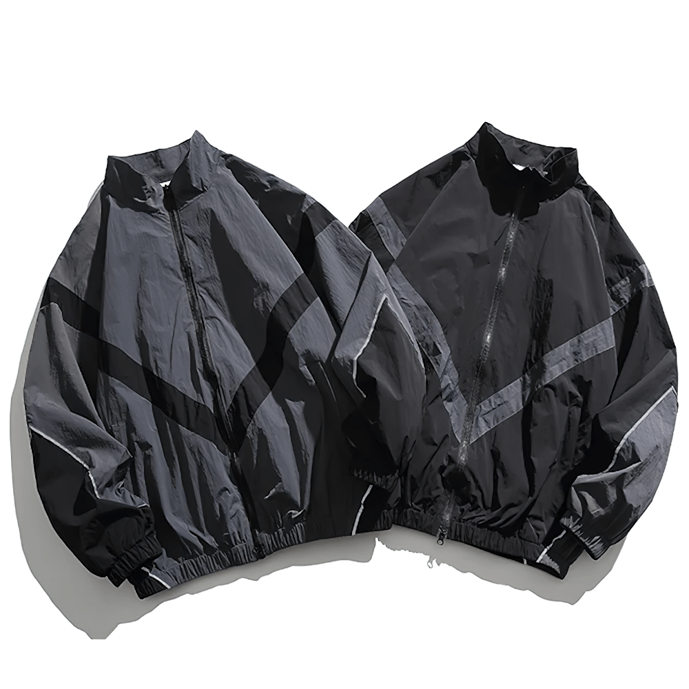 Men's reflective strip patchwork nylon jackets in black and gray, streetwear style with rib sleeves and stand collar, SF2269.