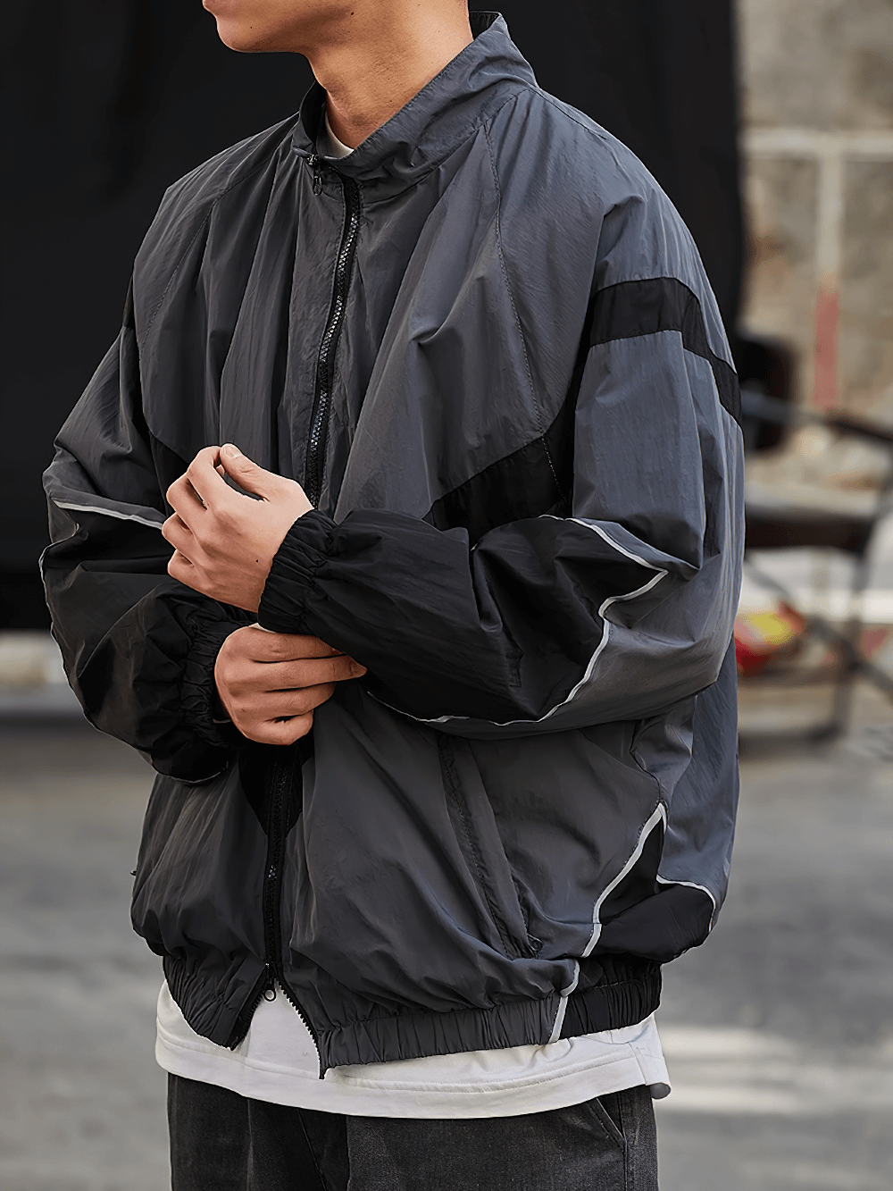 Men's reflective strip nylon jacket SF2269 with rib sleeves in dark gray, featuring a stand collar and stylish streetwear design.