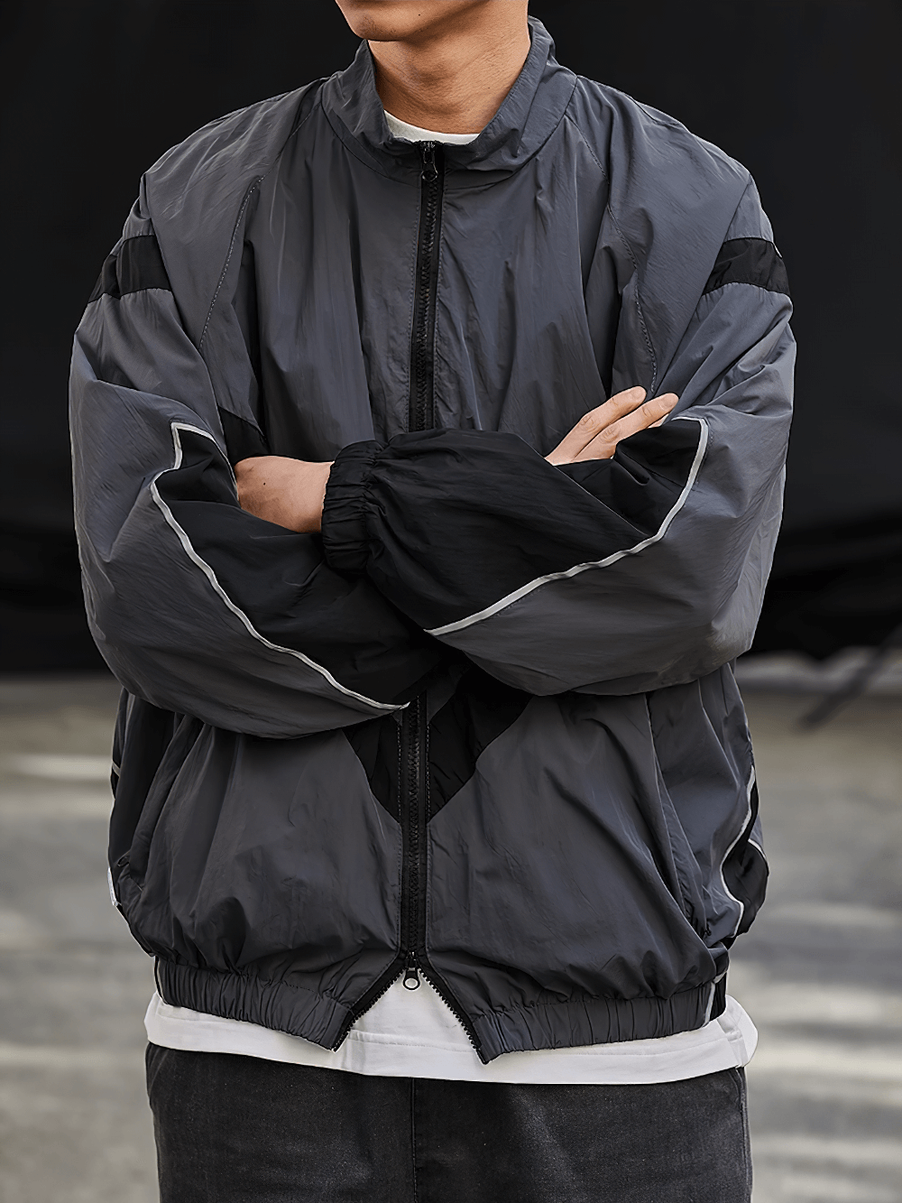 Men's Reflective Patchwork Nylon Jacket - Streetwear with Rib Sleeves