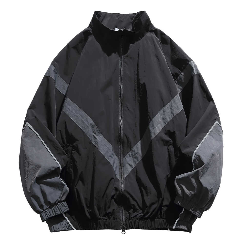 Men's reflective strip patchwork nylon jacket, oversized streetwear with stand collar and rib sleeves for spring and autumn.