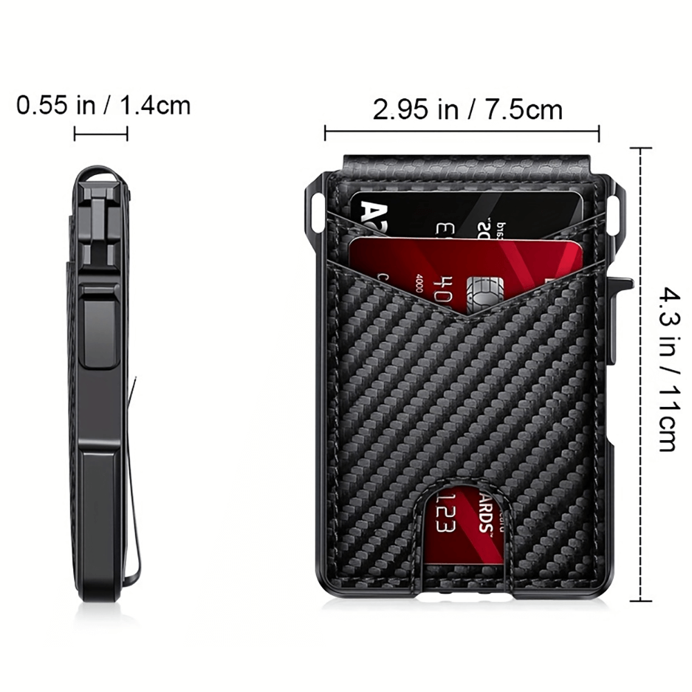 Slim RFID aluminum card holder with money clip, black carbon finish, dimensions: 4.3x2.95x0.55 inches, features magnetic closure