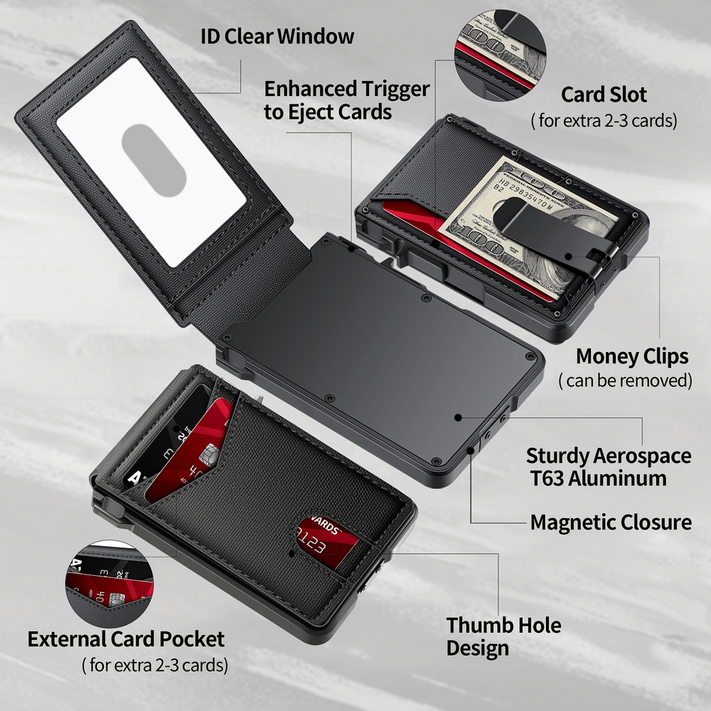 Men's RFID Secure Card Holder with money clip, aluminum alloy, magnetic closure, enhanced trigger ejector, and extra card slots.