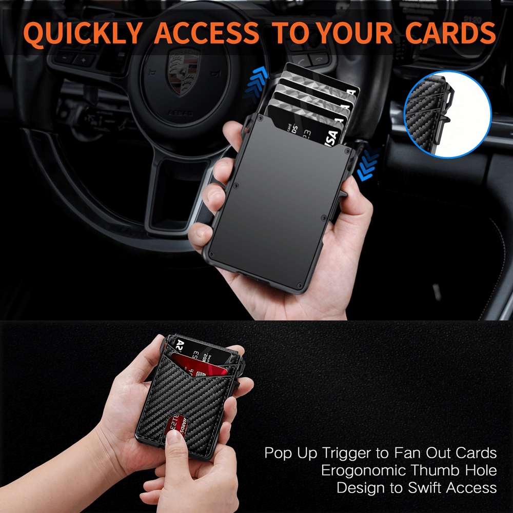 Man holding RFID secure card holder with cards fanned, showcasing quick access and ergonomic design, in a sleek car interior.