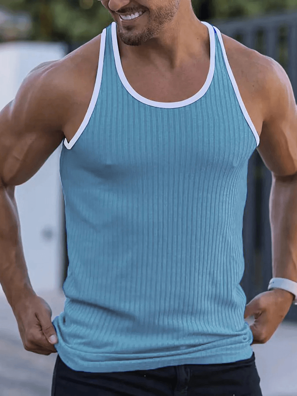 Man wearing Men's Ribbed Athletic Tank Top for Gym and Fitness - SF4111, showcasing slim fit and breathable fabric.