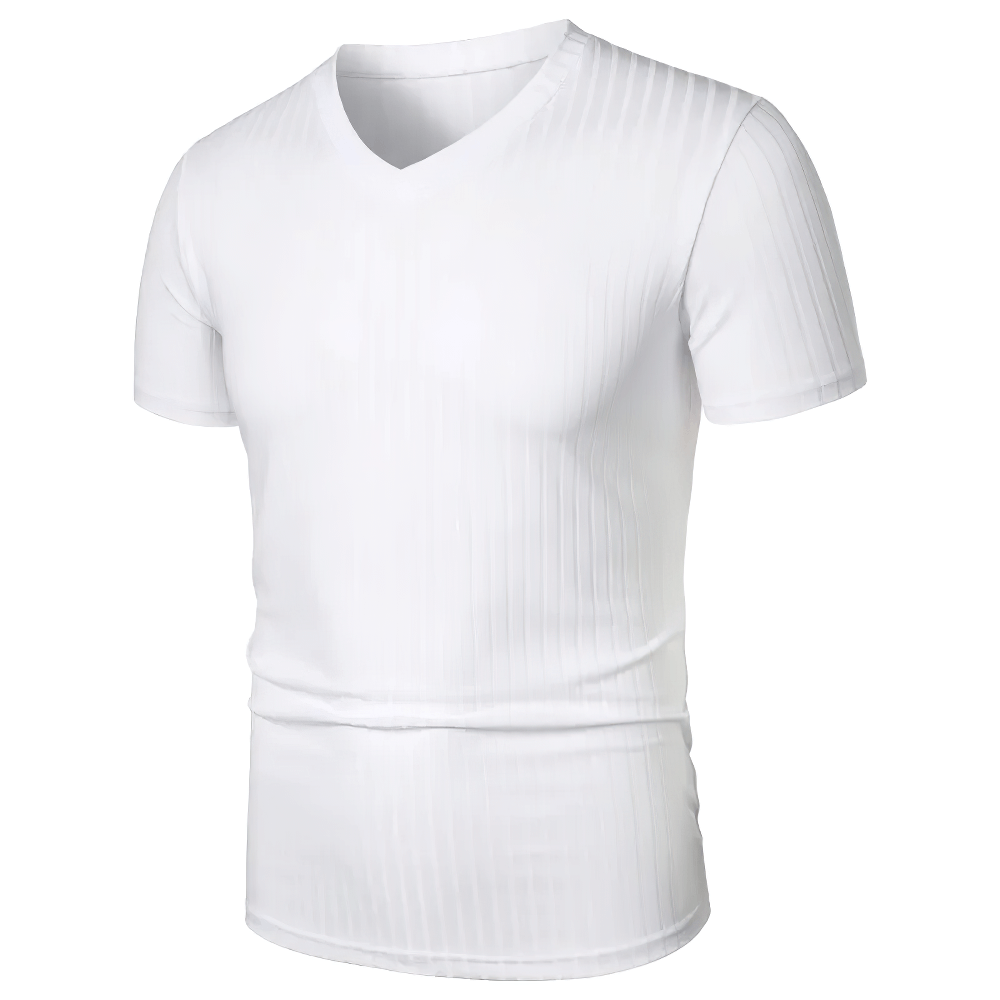 Alt Tag: Men's Ribbed V-Neck Slim Fit Stretch T-Shirt - SF4326 white ribbed slim-fit V-neck short-sleeve textured knit top