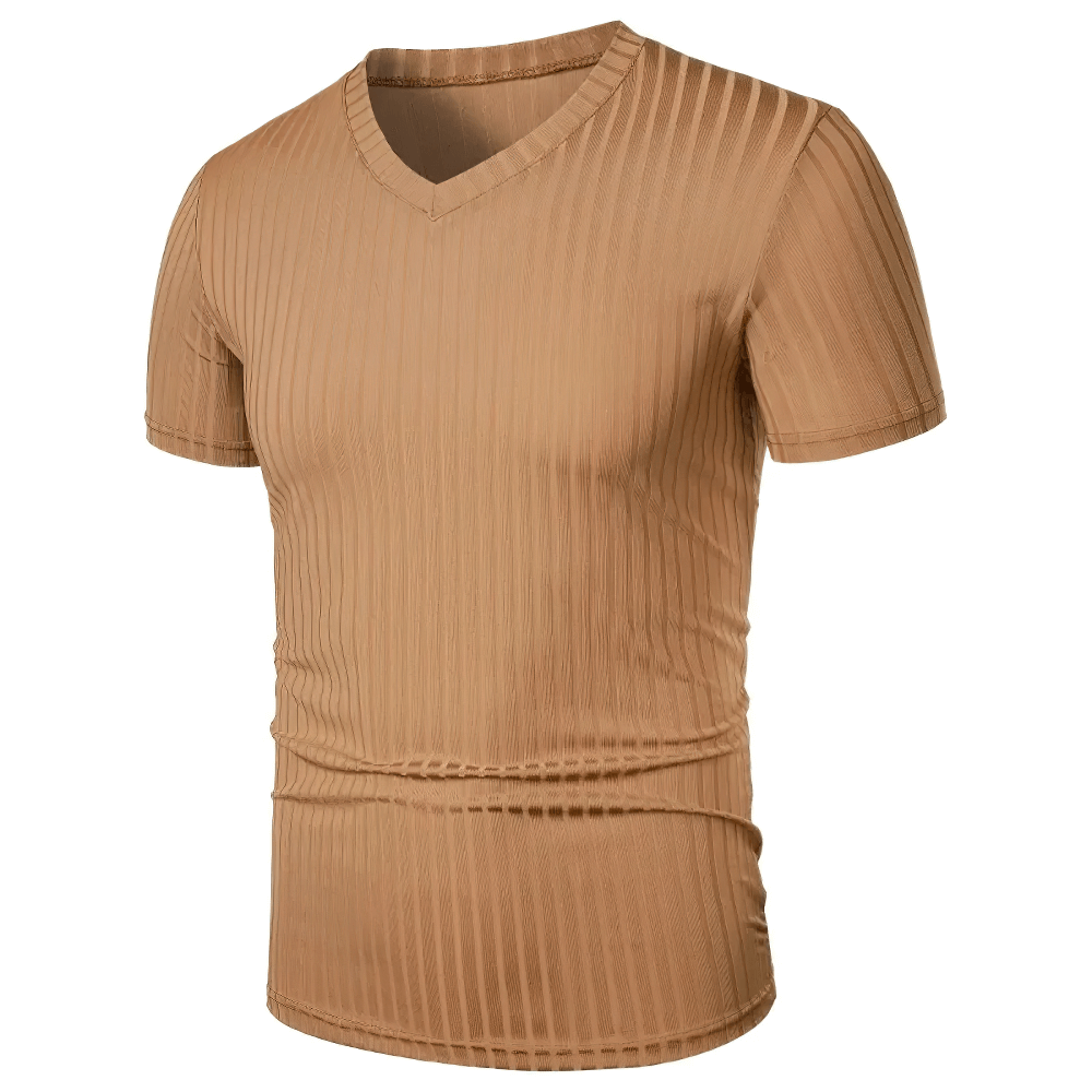 Alt Tag: Men's Ribbed V-Neck Slim Fit Stretch T-Shirt - SF4326 camel ribbed textured short-sleeve slim-fit summer top