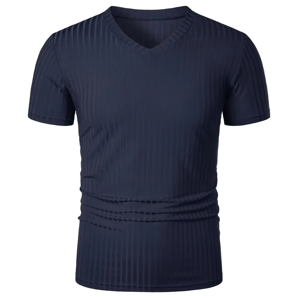 Alt Tag: Men's Ribbed V-Neck Slim Fit Stretch T-Shirt - SF4326 navy ribbed textured knit short sleeve slim fit summer top