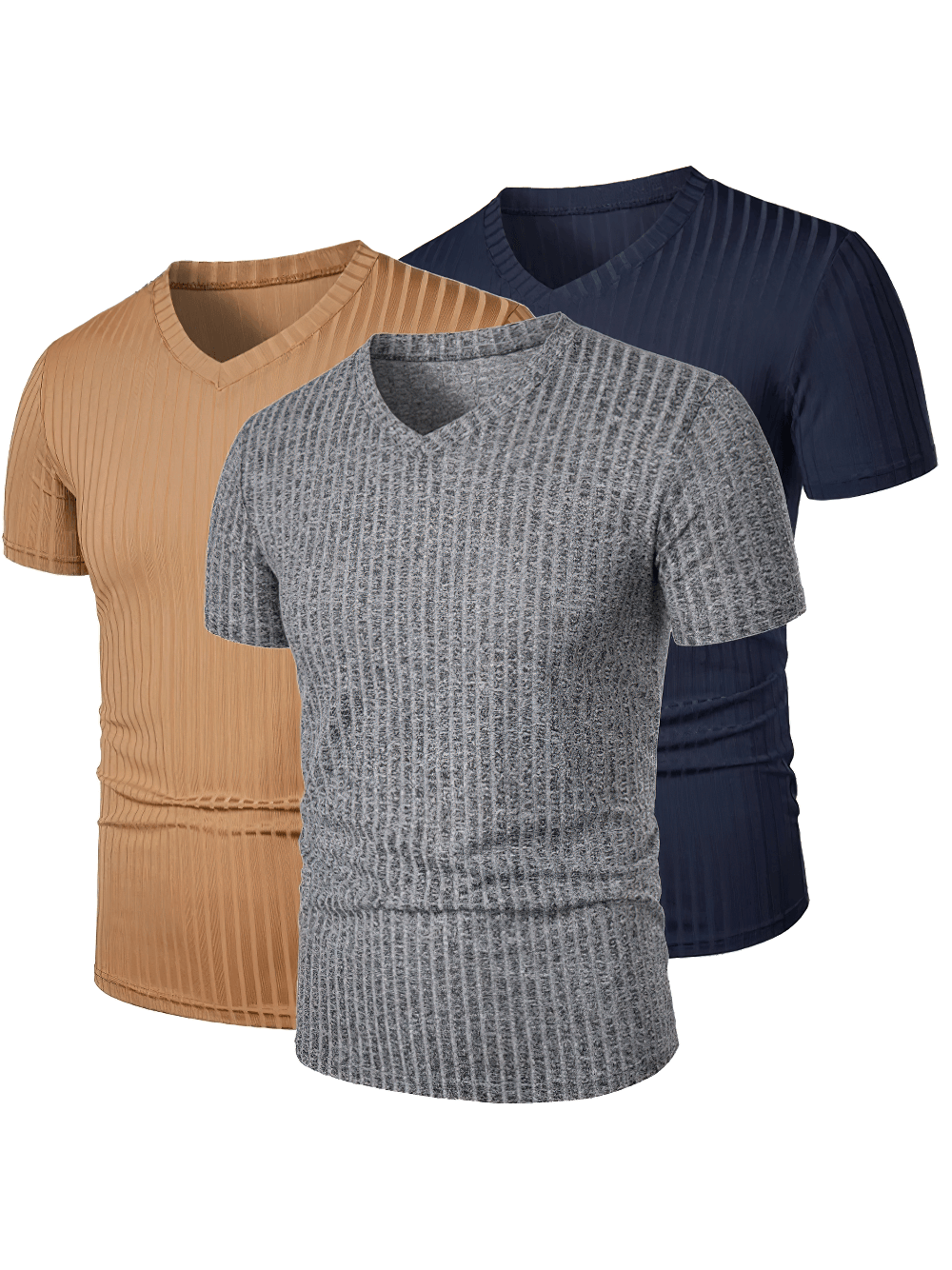 Men's Ribbed V-Neck Slim Fit Stretch T-Shirt - SF4326 textured short-sleeve slim-fit tees in grey, navy & camel