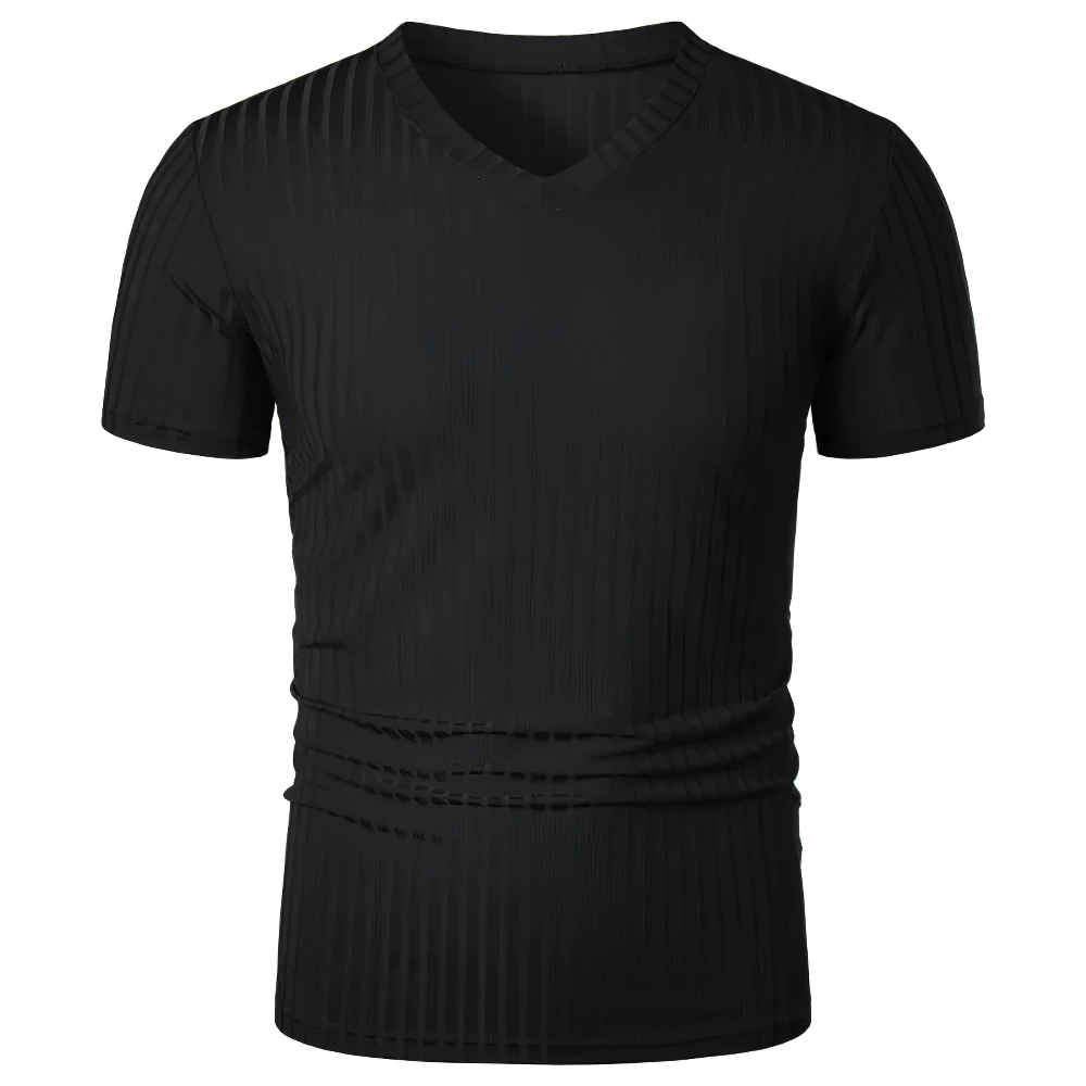 Alt Tag: Men's Ribbed V-Neck Slim Fit Stretch T-Shirt - SF4326 black ribbed textured short-sleeve slim-fit summer tee