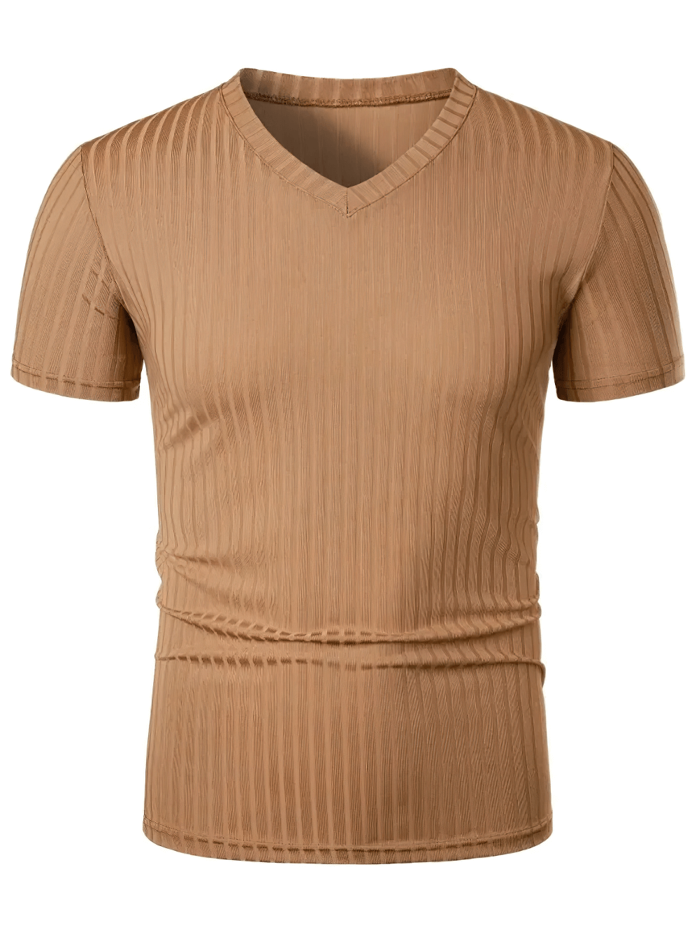 Alt Tag: Men's Ribbed V-Neck Slim Fit Stretch T-Shirt - SF4326 camel ribbed textured knit short-sleeve slim-fit summer top
