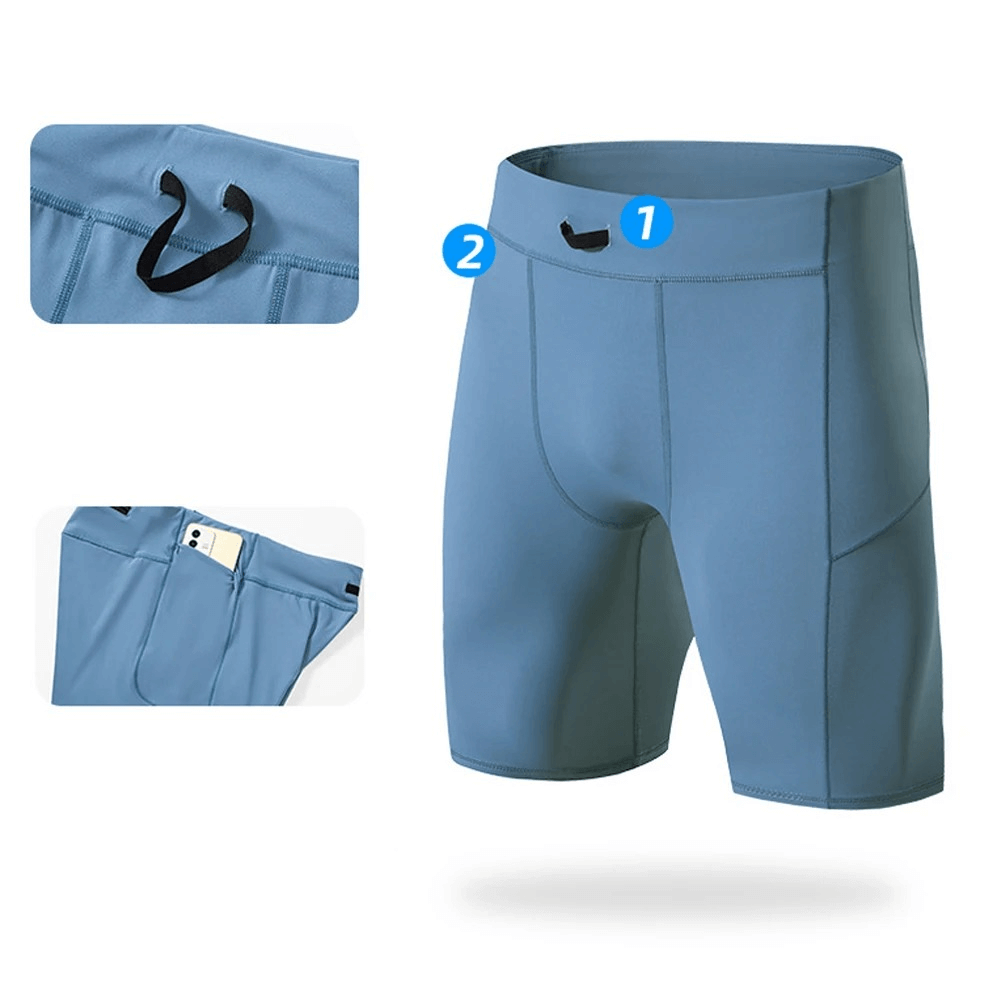 Men's blue running compression shorts with pockets for active comfort and style, made from breathable nylon and spandex material.