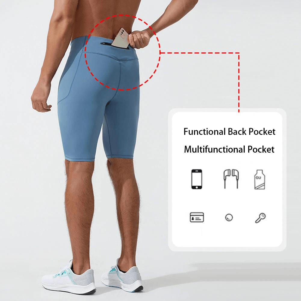 Men's running compression shorts with pockets in blue, showcasing back pocket functionality, ideal for fitness enthusiasts.