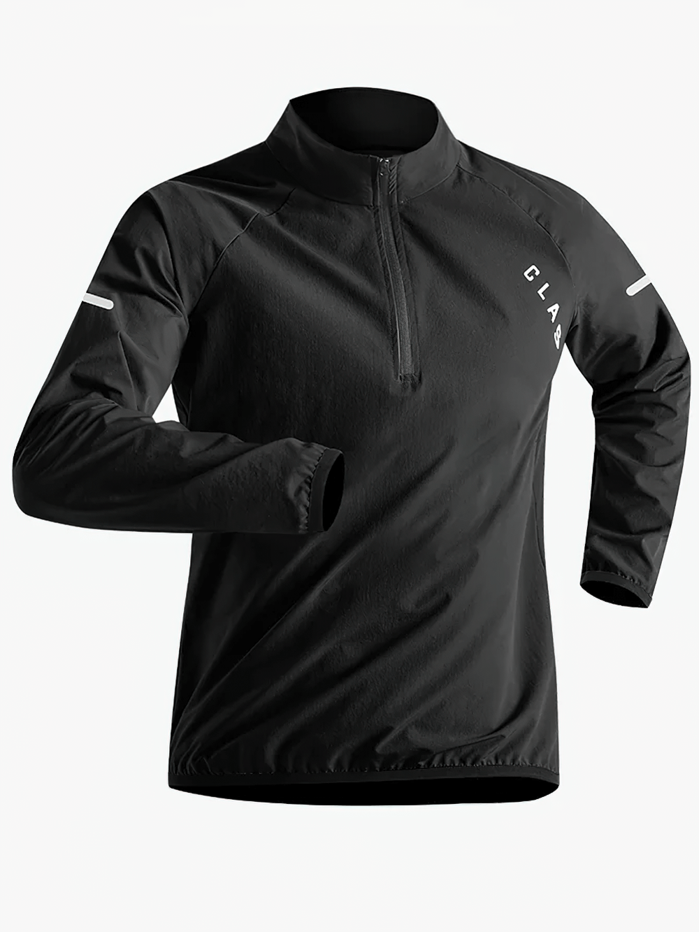 Black men's running top with long sleeves, half-zip, and stand neck for outdoor sports. Lightweight and breathable design.