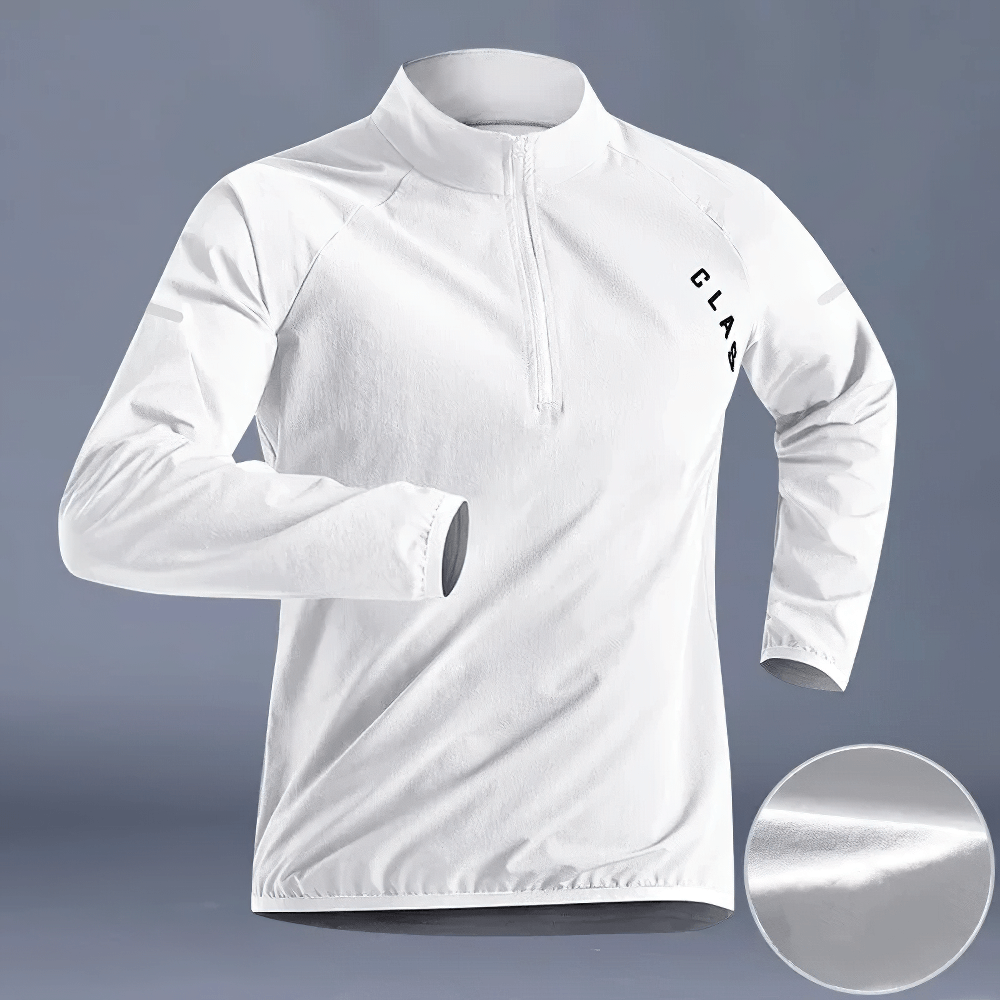 Men's white long-sleeve half-zip running top SF2539, breathable and quick-drying sportswear, ideal for autumn outdoor activities.