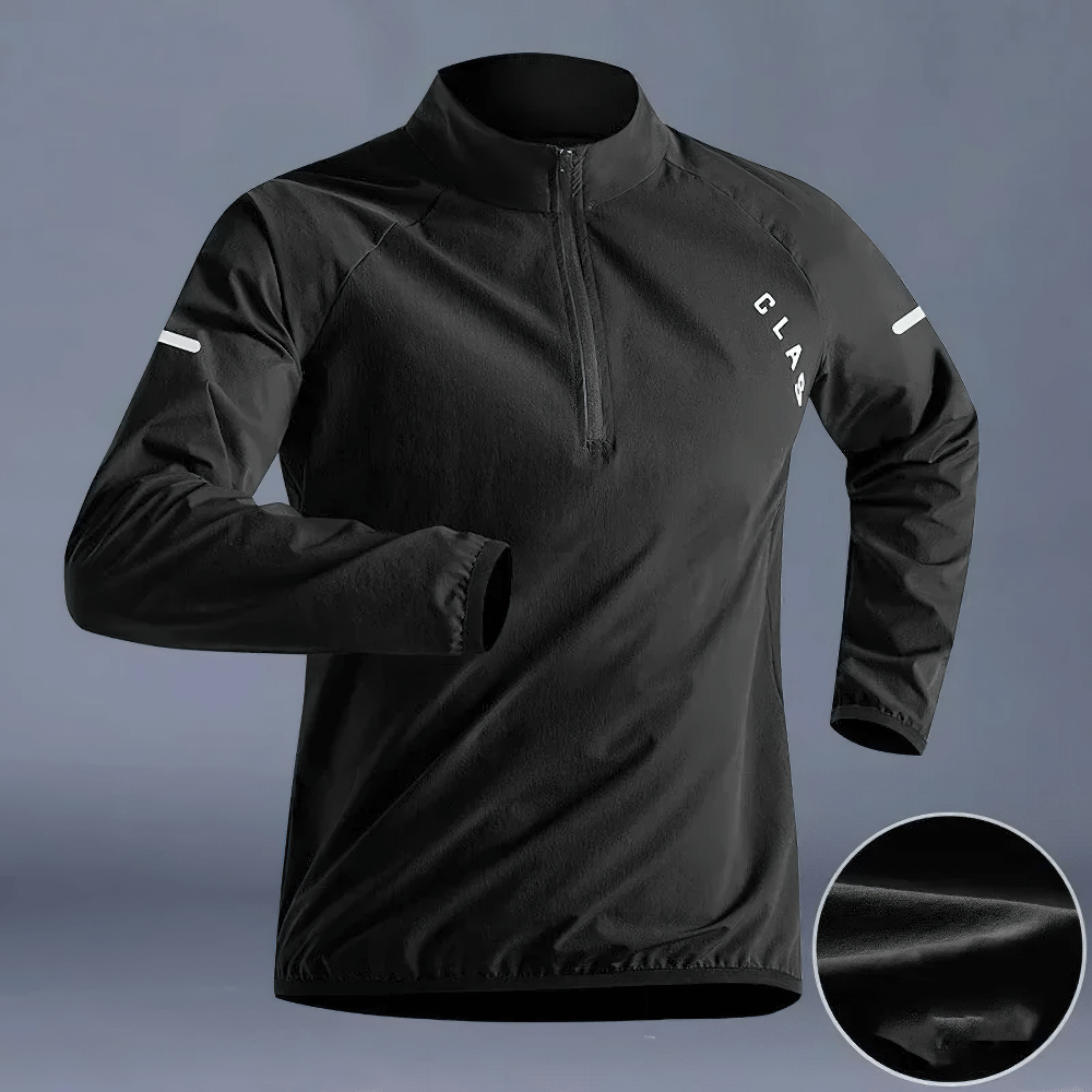 Men's black long-sleeve running top with half zip, breathable and lightweight, perfect for autumn sports and outdoor activities.