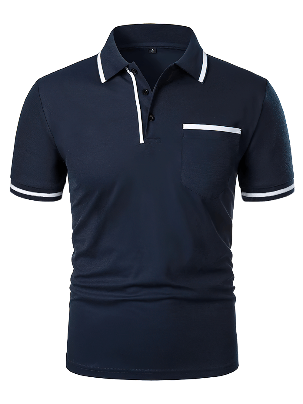 Alt Tag: Men's Short-Sleeved Polo T-Shirt with Contrast Trim - SF4328 navy solid golf polo with contrast collar, sleeve trim, and chest pocket