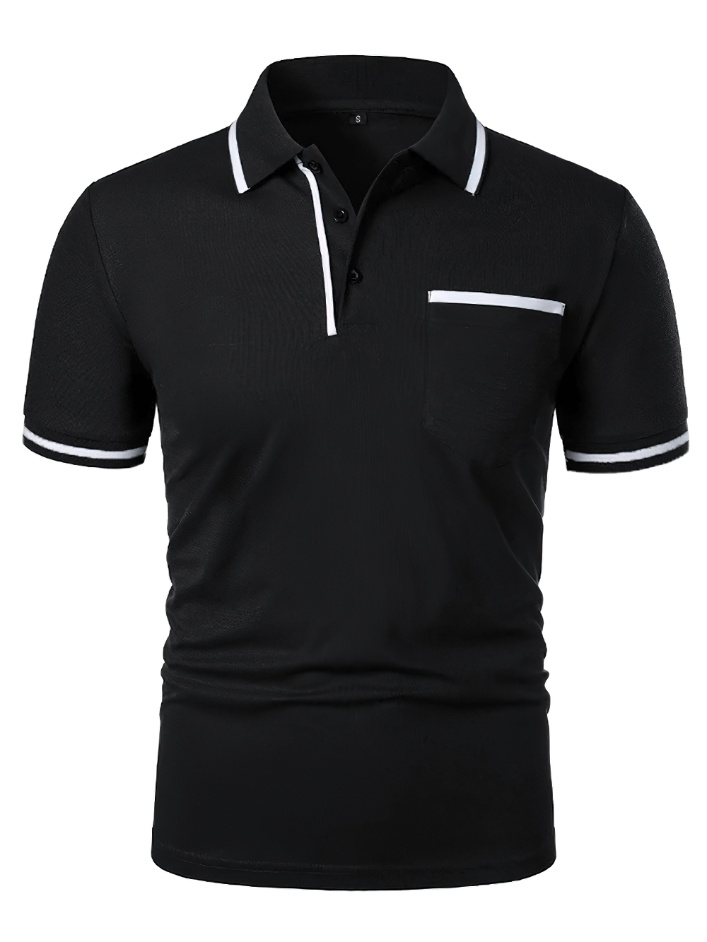 Alt Tag: Men's Short-Sleeved Polo T-Shirt with Contrast Trim - SF4328 black solid golf polo with contrast collar, sleeve trim & chest pocket