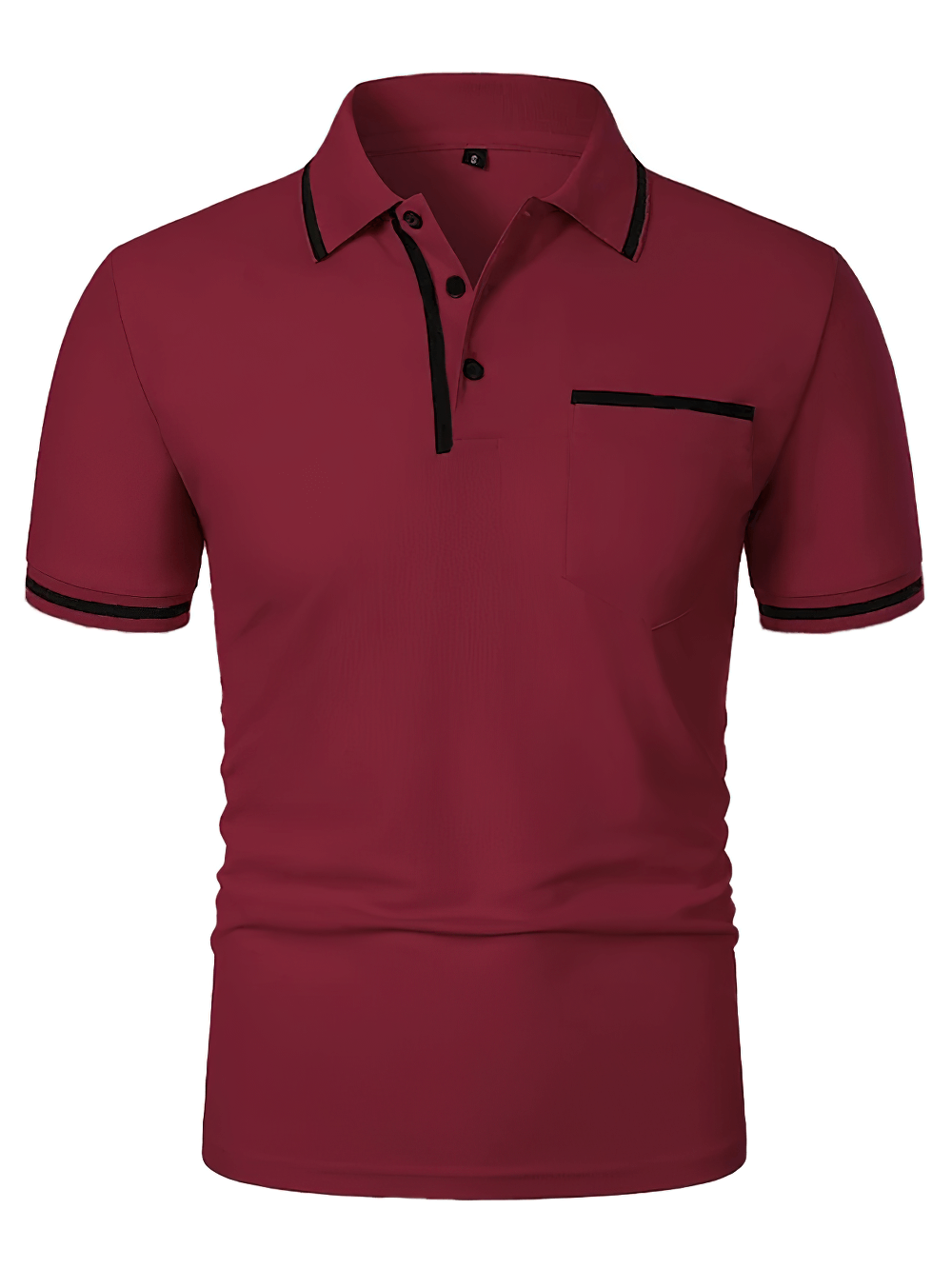 Alt Tag: Men's Short-Sleeved Polo T-Shirt with Contrast Trim - SF4328 burgundy polo with black trim collar, sleeve edges, and chest pocket