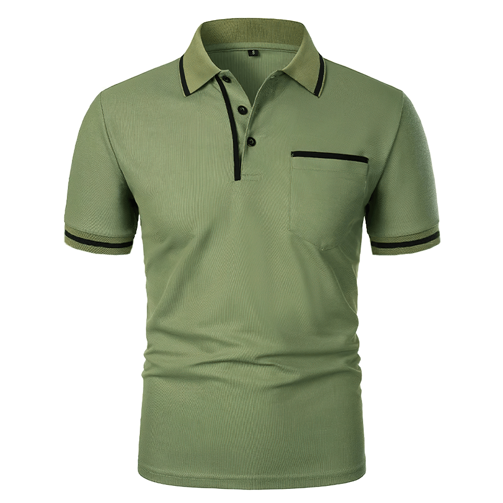 Alt Tag: Men's Short-Sleeved Polo T-Shirt with Contrast Trim - SF4328 olive green polo with contrast collar trim, chest pocket, short sleeves