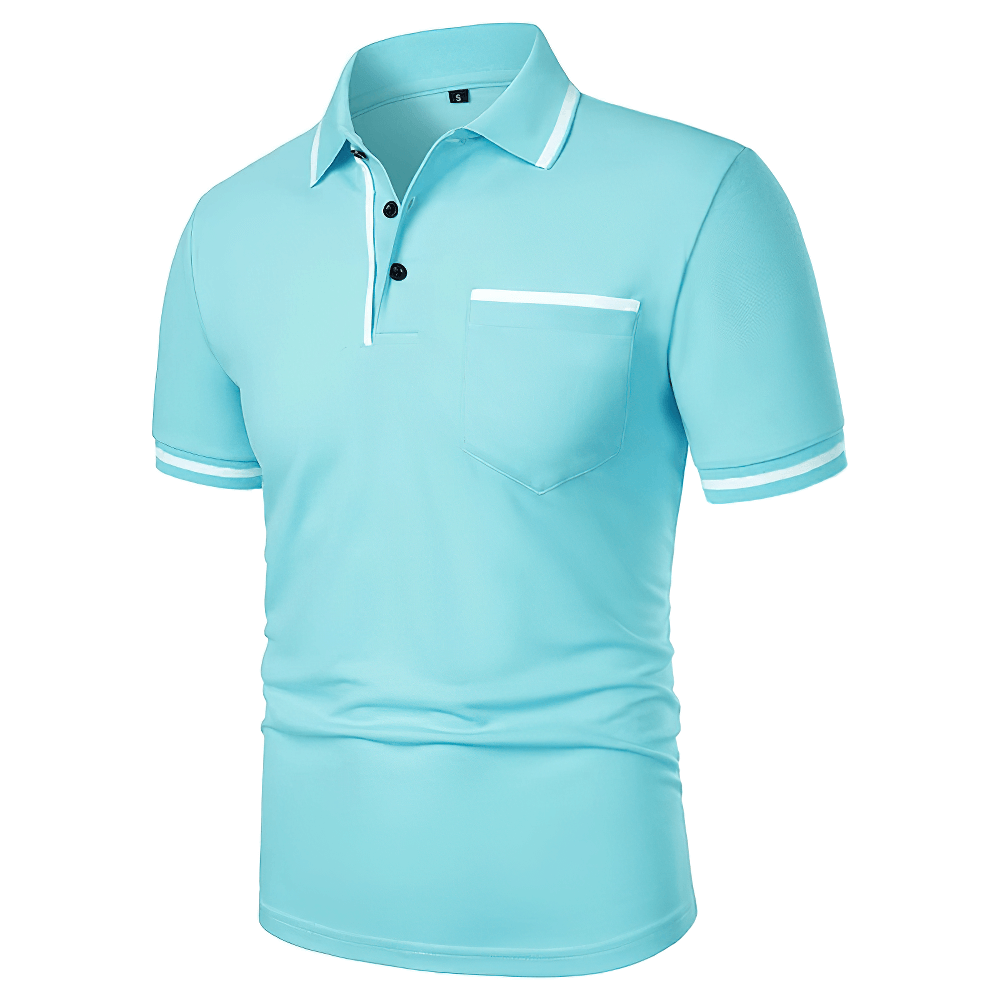 Alt Tag: Men's Short-Sleeved Polo T-Shirt with Contrast Trim - SF4328 light blue solid golf polo with chest pocket, contrast collar and sleeve trim