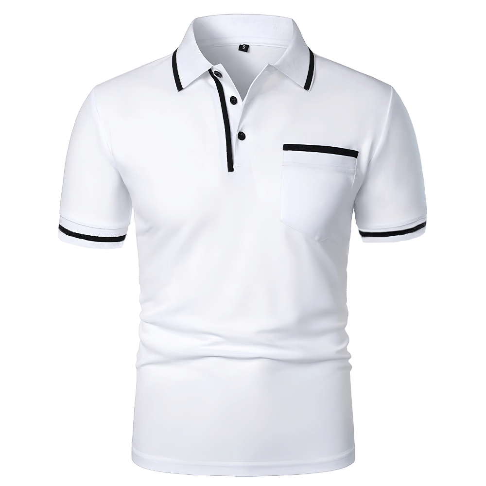 Men's Short-Sleeved Polo T-Shirt with Contrast Trim - SF4328 white polo with black trim collar, sleeve piping, and chest pocket—golf-ready swagger