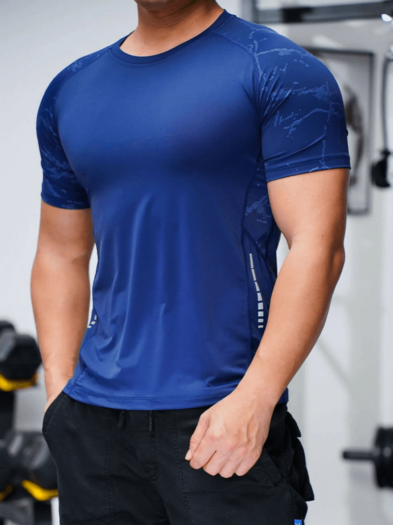 Men's blue quick-dry short sleeve workout tee with stylish print, perfect for active lifestyles.