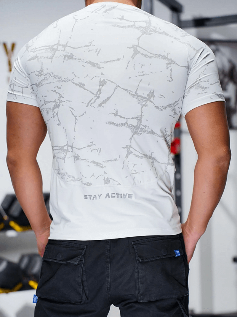 Back view of men's quick-dry workout tee with stylish print, made of breathable polyester, perfect for active lifestyles.