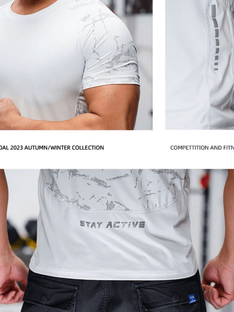Model wearing Men's Quick-Dry Workout Tee with stylish print, featuring short sleeves and O-Neck collar in polyester fabric.