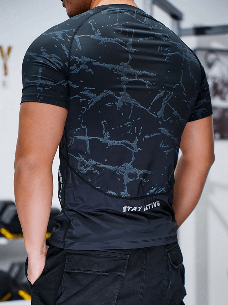 Men's quick-dry short sleeve workout tee with stylish print, back view. Polyester, O-neck, perfect for active lifestyle - SF1960.