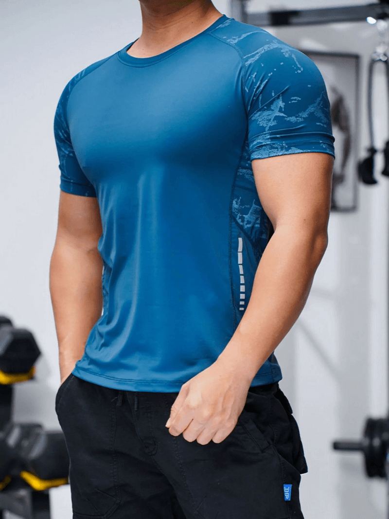Men's blue quick-dry workout tee with print, featuring short sleeves and O-neck collar, perfect for active lifestyle in gym.
