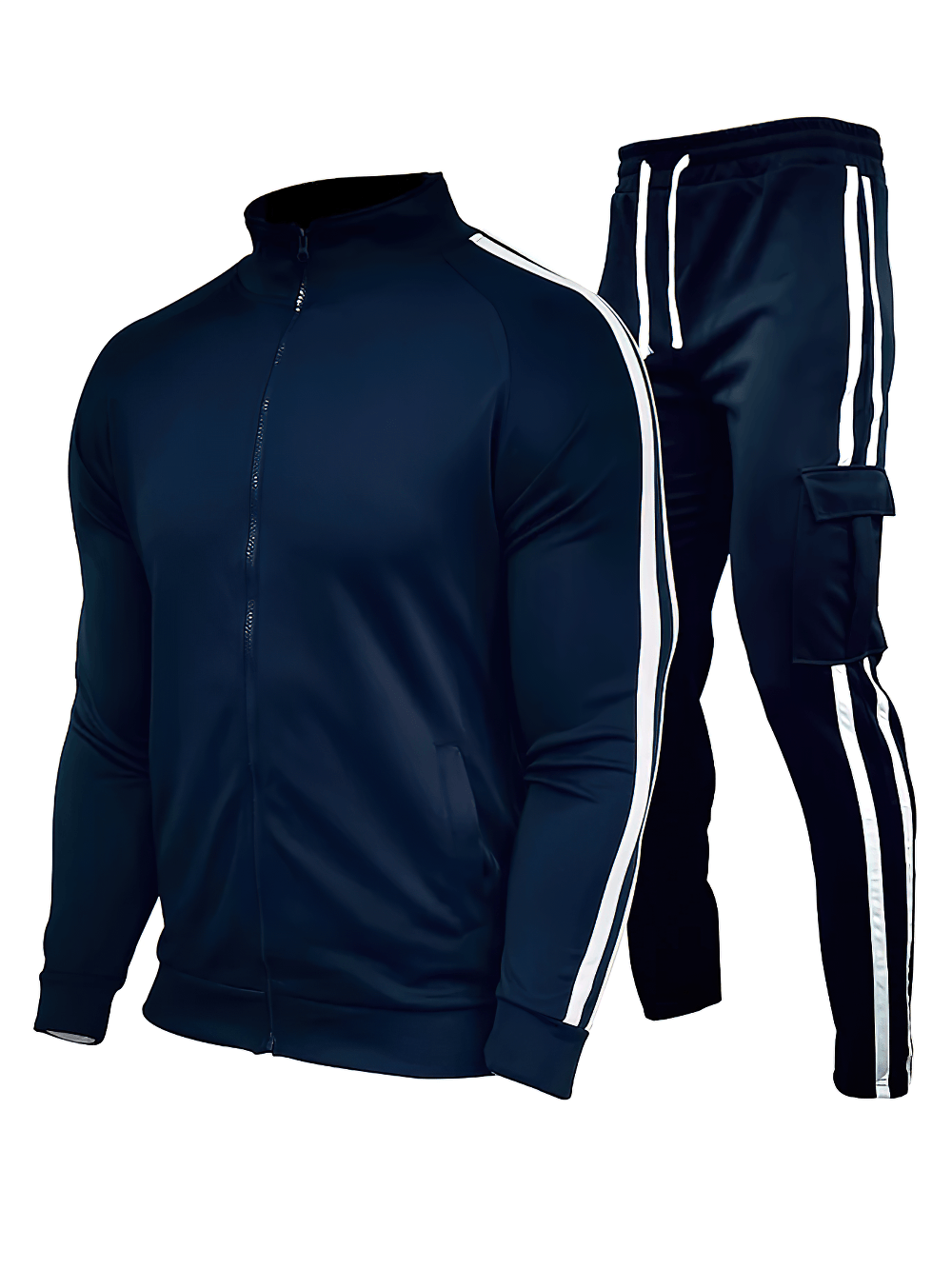 Men's Side Stripe Tracksuit with Cargo Joggers - SF4713 in navy, featuring zip-track jacket and cargo jogger pants.