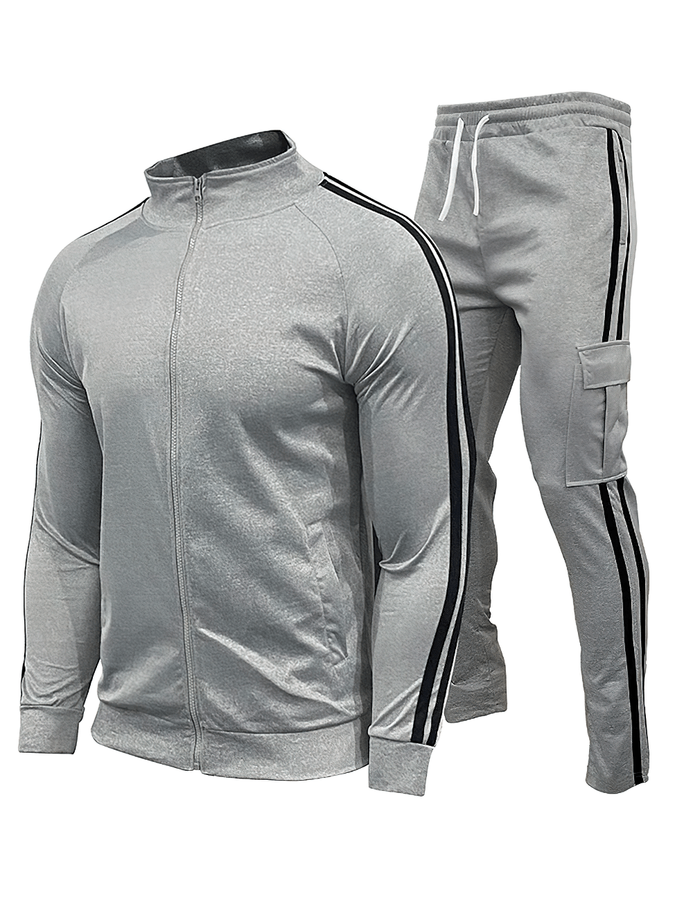 Men's Side Stripe Tracksuit with Cargo Joggers - SF4713 in grey with black stripes and cargo pockets.