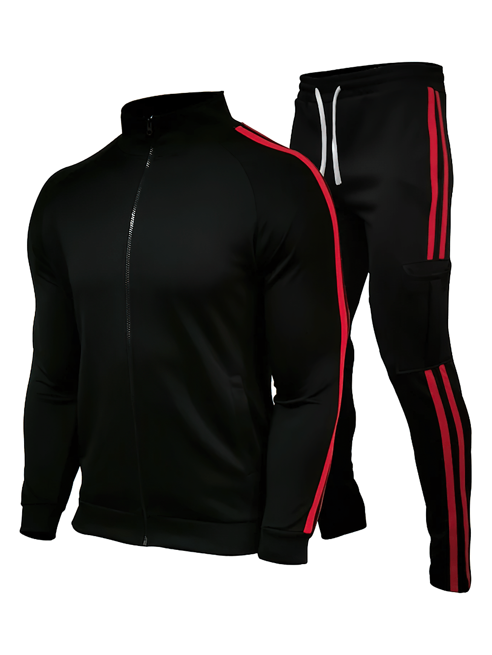 Men's Side Stripe Tracksuit with Cargo Joggers - SF4713 featuring zip jacket and cargo pants in black with red stripes.