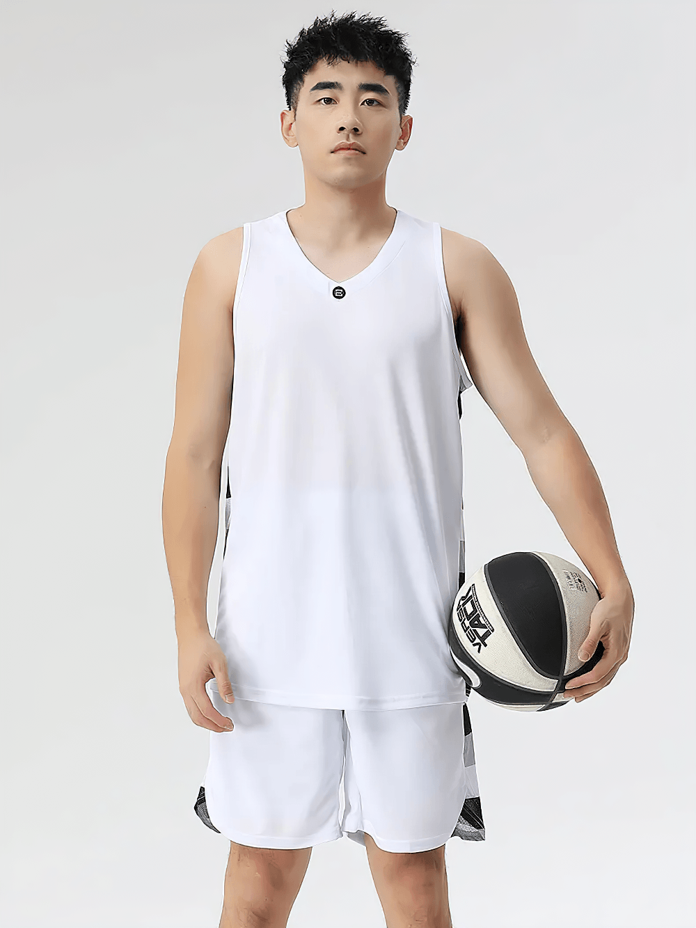 Men's Sleeveless Court Set with Contrast Panels - SF4567 shown on model holding a basketball in a clean athletic look.