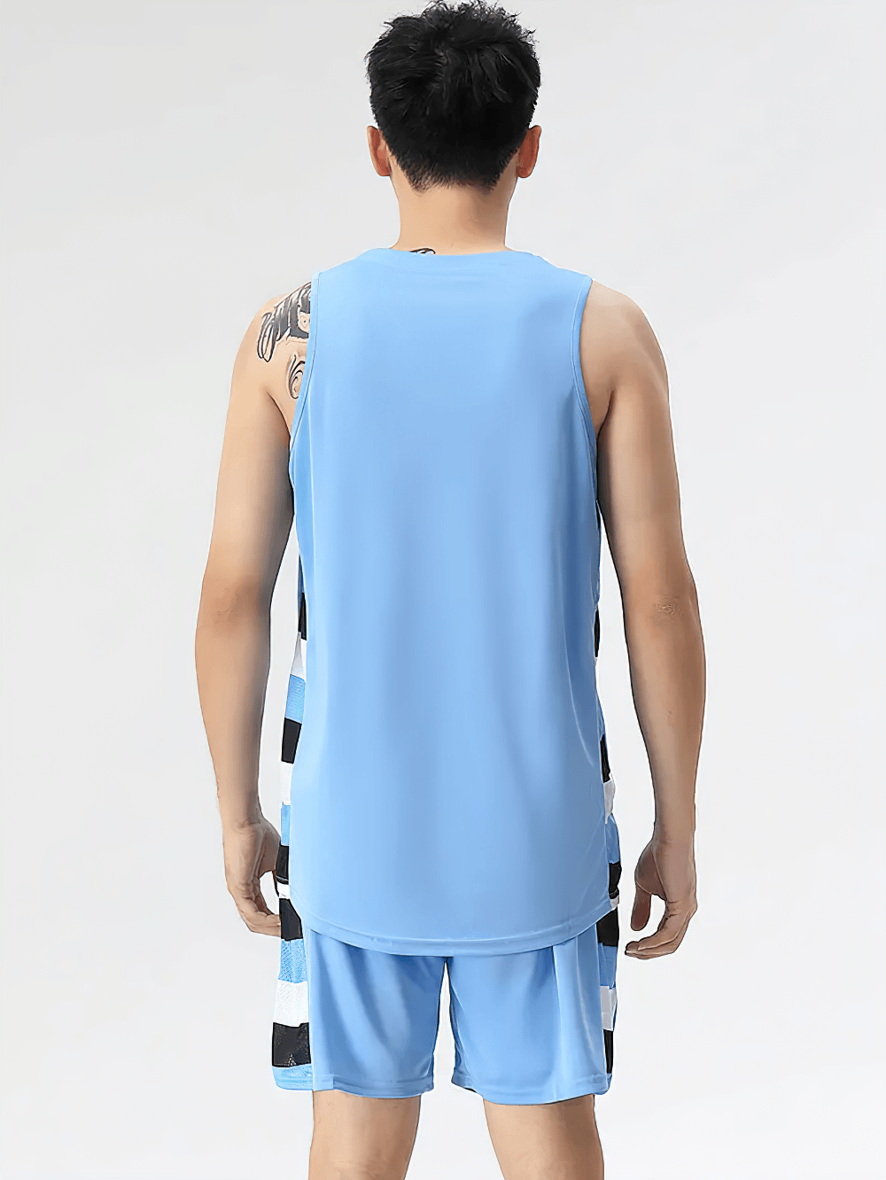 Men's Sleeveless Court Set with Contrast Panels - SF4567, showcasing a rear view of the blue jersey and shorts.