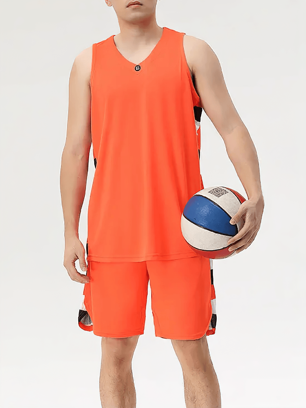 Men's Sleeveless Court Set with Contrast Panels - SF4567 featuring a model holding a basketball in an orange uniform.