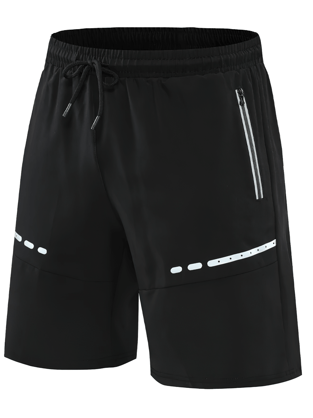 Alt Tag: Men's Slim Fit Training Shorts with Zipper Pockets - SF4448 black slim fit workout shorts with drawstring waist, zip pocket, reflective trim