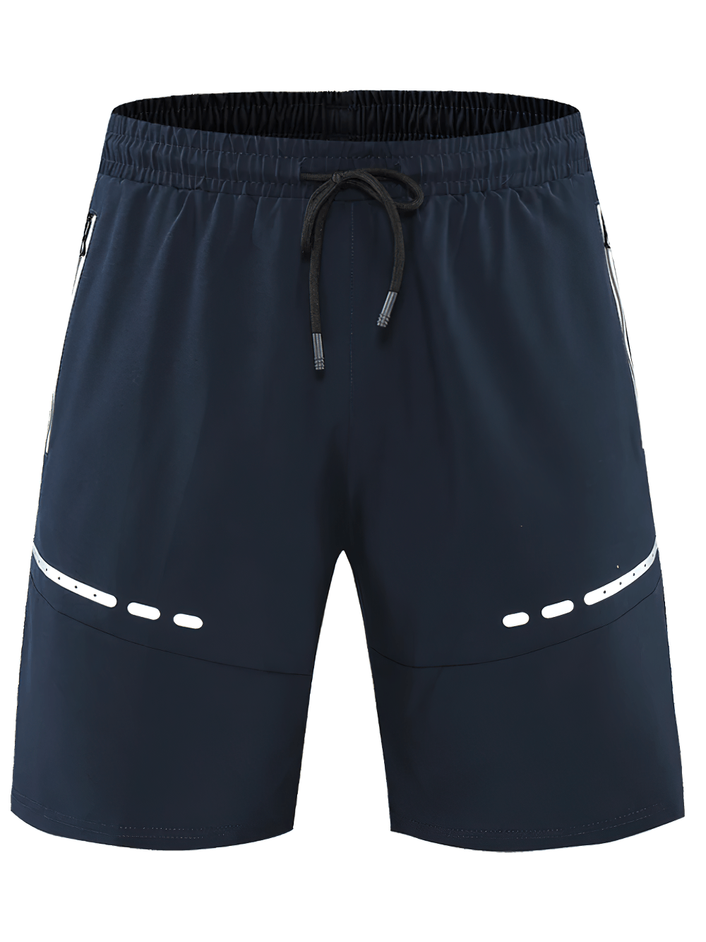 Alt Tag: Men's Slim Fit Training Shorts with Zipper Pockets - SF4448 navy slim fit workout shorts with reflective trim and drawstring waist