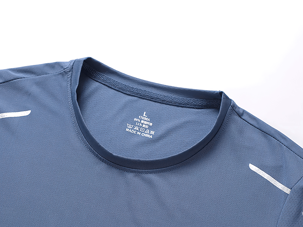 Alt Tag: Men's Soft Elasticity T-shirt for Outdoor Sports - SF4405 blue crew neck quick-dry breathable stretch tee with reflective shoulder details