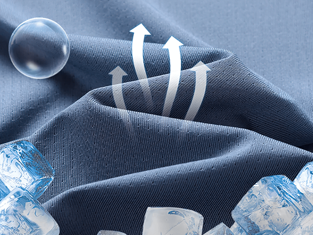 Alt Tag: Men's Soft Elasticity T-shirt for Outdoor Sports - SF4405 breathable quick-dry stretch fabric close-up with airflow arrows