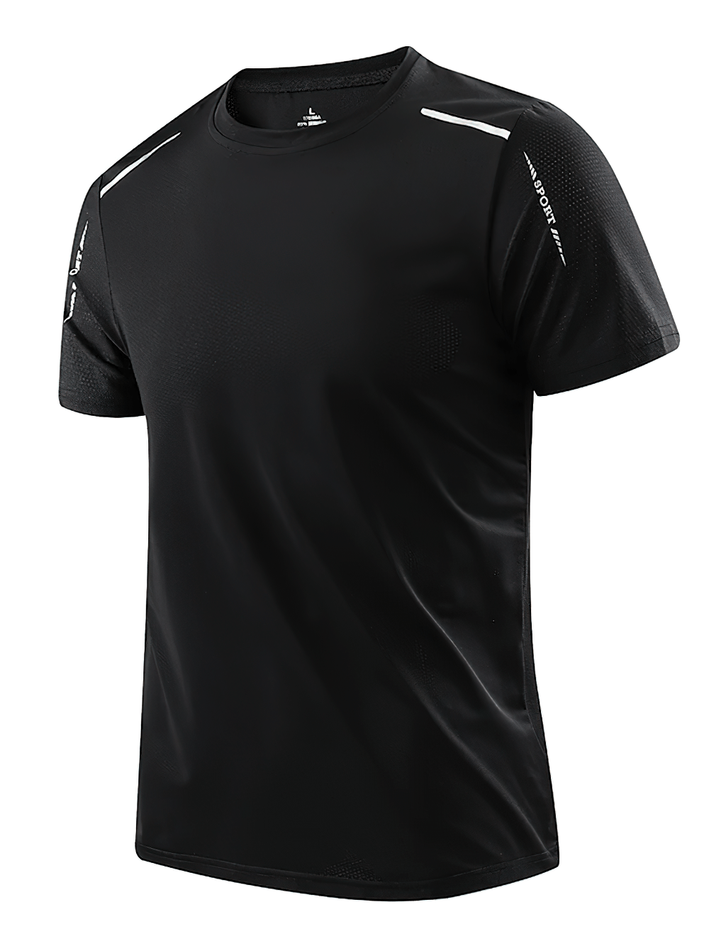 Alt Tag: Men's Soft Elasticity T-shirt for Outdoor Sports - SF4405 black quick-dry breathable short-sleeve sports tee with reflective shoulder details