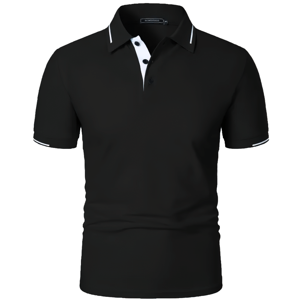 Alt Tag: Men's Solid Color Lightweight Polo Shirt -SF4349 black short sleeve golf polo with contrast trim and button placket