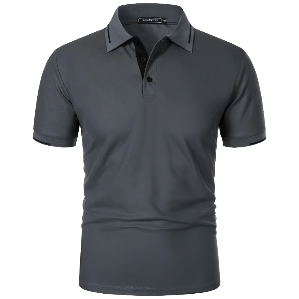 Alt Tag: Men's Solid Color Lightweight Polo Shirt -SF4349 charcoal short sleeve golf polo with contrast trim and button placket