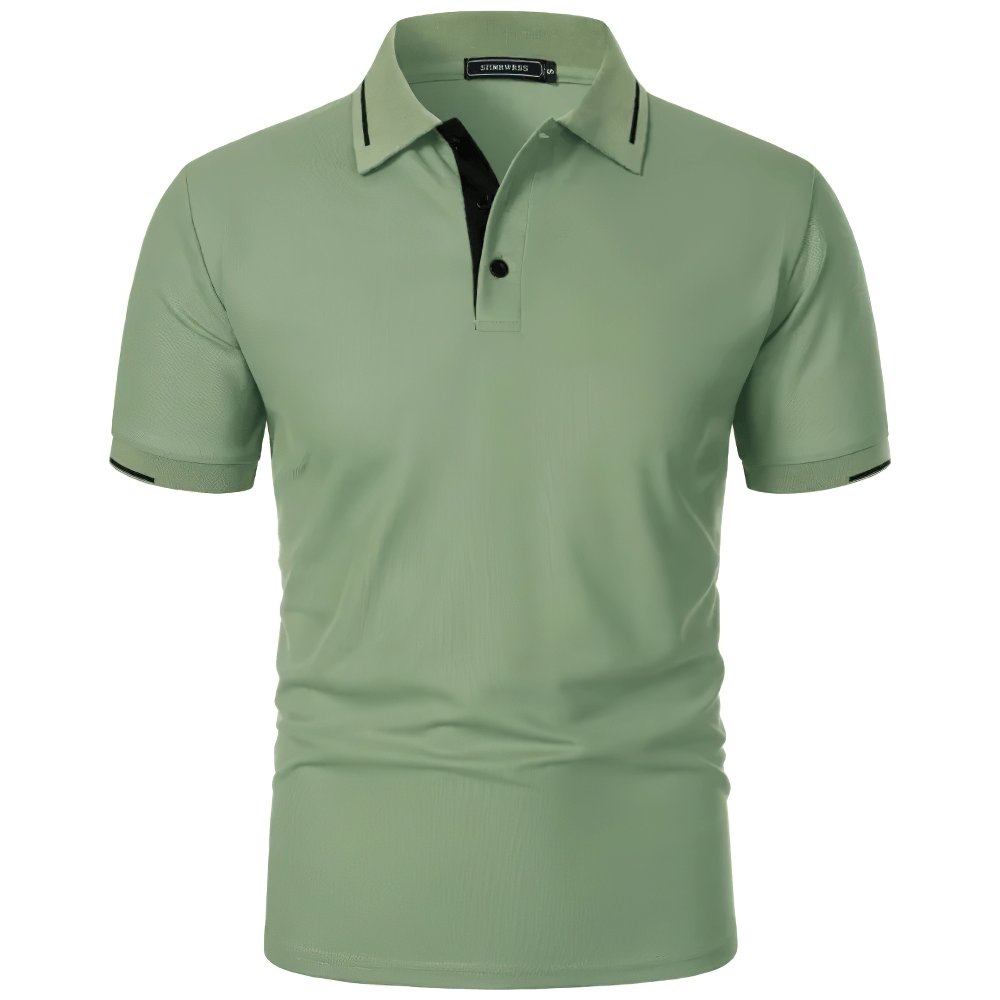 Alt Tag: Men's Solid Color Lightweight Polo Shirt -SF4349 sage green short sleeve golf polo with contrast trim and button placket