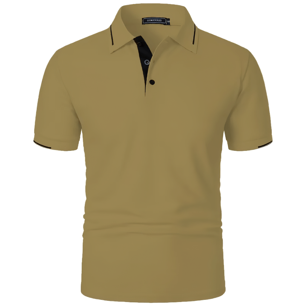 Alt Tag: Men's Solid Color Lightweight Polo Shirt -SF4349 khaki short sleeve golf polo with contrast trim and button placket